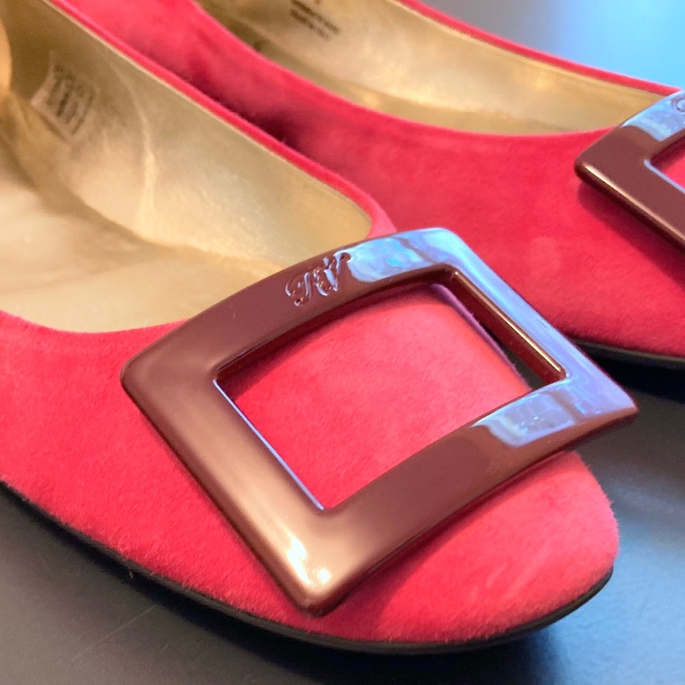 Roger Vivier Pink Suede Gommette Ballet Flats Burgundy Buckle 39 8.5 9